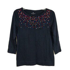 Talbots Stretch Knit Top Shirt Women Size S Navy Blue Pom Pom Balls 3/4 Sleeve